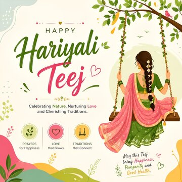Happy hariyali teej celebration poster with traditional swing and indian woman
