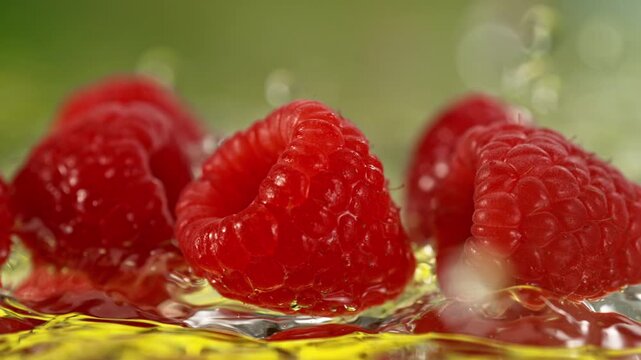 Super Slow Motion Shot of Fresh Raspberries Falling into Water and Making Splash at 1000fps.