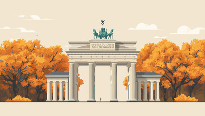 Brandenburg Gate in Berlin, Germany, surrounded by vibrant autumn foliage under a soft, cloudy sky. © Note