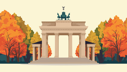 Brandenburg Gate in Berlin, Germany, framed by vibrant autumn trees with colorful foliage. © Note