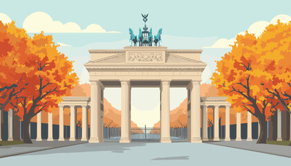 The Brandenburg Gate in Berlin, Germany, adorned with vibrant autumn foliage, showcasing its neoclassical architecture. © Note