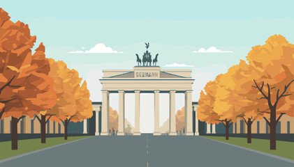Brandenburg Gate in Berlin, Germany, framed by autumn trees with vibrant orange foliage lining a road. © Note