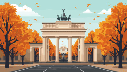 The iconic Brandenburg Gate in Berlin, Germany, stands majestically amidst a vibrant autumn landscape with falling leaves and colorful trees. © Note