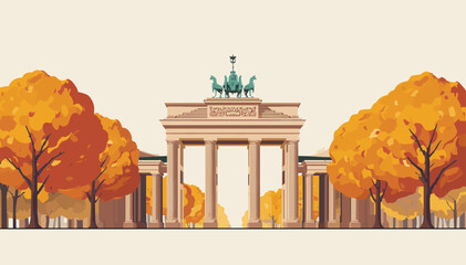 Brandenburg Gate in Berlin, Germany, adorned with vibrant autumn foliage and trees. © Note