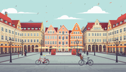 Charming European town square with colorful historic buildings, outdoor cafes, and bicycles on a clear day. © Note