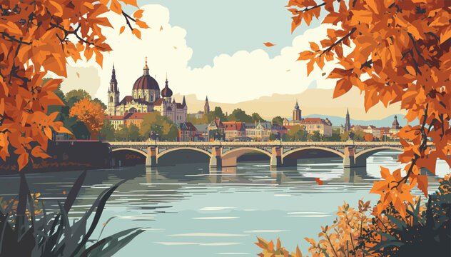 Vibrant autumn landscape with a historic city skyline, a grand bridge spanning a tranquil river, framed by colorful fall foliage.