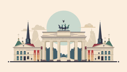 Stylized vector illustration of the iconic Brandenburg Gate in Berlin, Germany, featuring its neoclassical architecture and quadriga, flanked by historic buildings under a minimalist sky. © Note