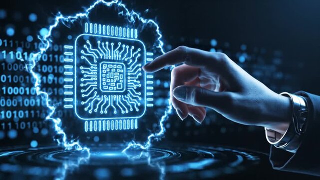 Human hand touching glowing holographic microprocessor with binary code background