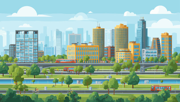 Vibrant cartoon cityscape with modern buildings, a river, busy roads, and green parks under a blue sky.