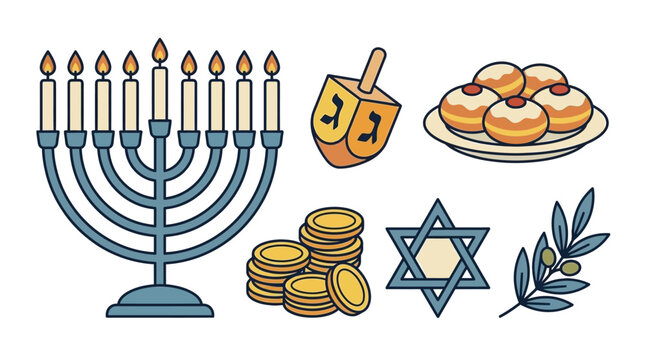 Hanukkah holiday symbols including menorah dreidel coins and donuts