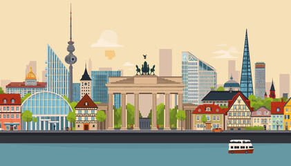 Stylized illustration of the Berlin cityscape featuring the Brandenburg Gate, TV Tower, modern buildings, traditional houses, and a river with a boat under a warm sky. © Note