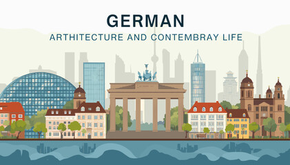 A vibrant illustration showcasing iconic German architecture and a modern cityscape, featuring the Brandenburg Gate and other buildings under a clear sky. © Note
