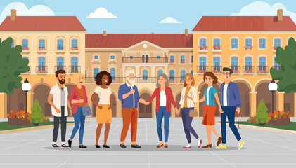 Diverse group of people of various ages and ethnicities standing together in a town square with classical buildings in the background. © Note