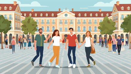 A group of four friends holding hands and walking together in a lively European city square with historic buildings and many people in the background. © Note