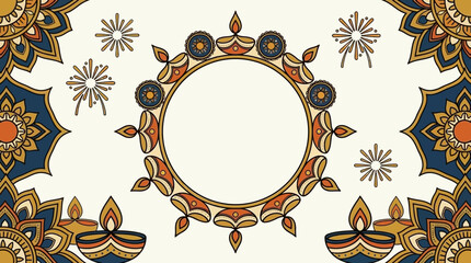 Decorative floral wreath frame with traditional oil lamps on a light background © mulyani