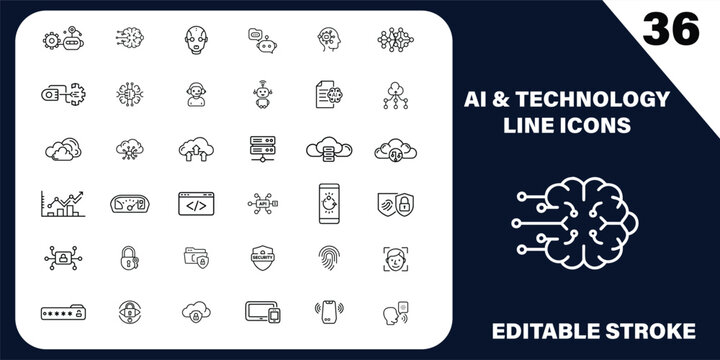 AI and Technology Line Icons Set, Artificial Intelligence Cloud Security Editable Stroke Vector
