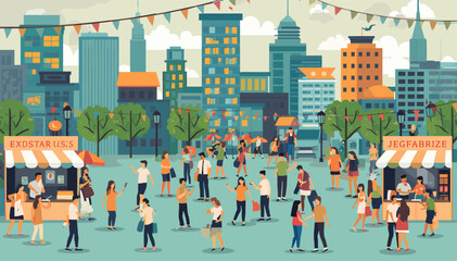 Obraz premium A vibrant outdoor street market scene with diverse people browsing stalls under festive bunting and a cityscape backdrop.