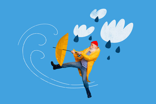 Elderly man in yellow raincoat fights wind with umbrella under cartoon clouds and raindrops, playful stormy weather collage showing resilience and humor