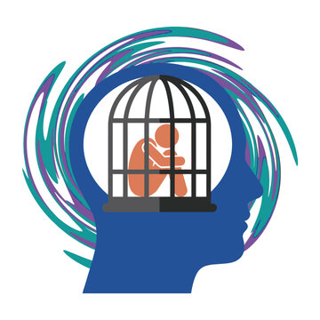 Conceptual illustration of a person trapped inside a cage within a human mind