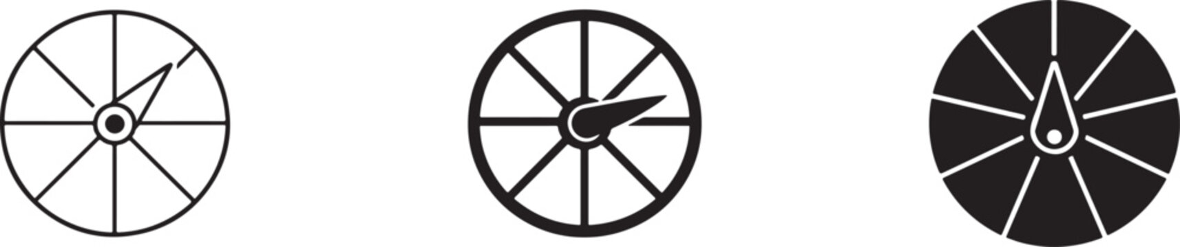 Board game spinner stroke icon set with wheel, arrow pointer, selector, and tabletop game elements.