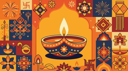 Decorative Indian diya lamp glowing amidst vibrant cultural patterns © munkar