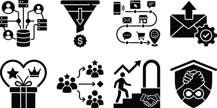 Customer Relationship Management and Marketing Funnel Icon Set Featuring User Journey Loyalty Rewards and Partnership Silhouettes
