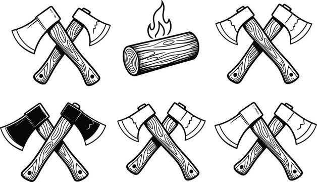 Crossed axe and firewood icons, lumberjack camping tools vector illustration isolated vintage engraving collection design
