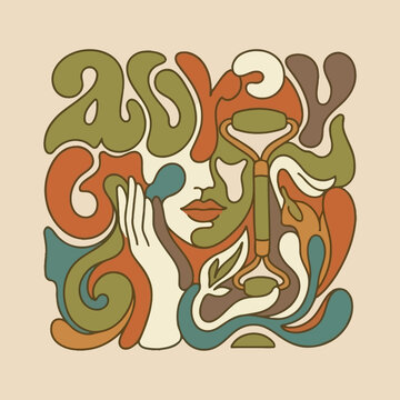 Retro seventies style illustration of a woman face with a facial massage roller