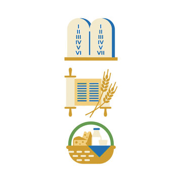 Flat vector illustration of biblical tablets scroll and food basket