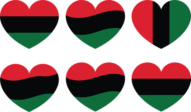 Pan African flag heart vector set, red black green liberation flags icons collection isolated on white
