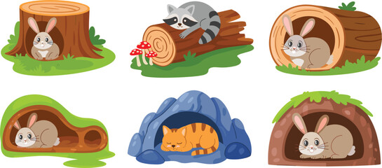 Woodland animals in homes vector set, cute cartoon rabbits cat and raccoon sleeping in natural shelters
