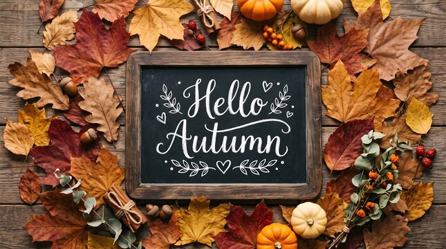 Festive thanksgiving autumn decor hello autumn sign with fall leaves and pumpkins