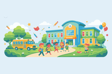 Naklejka premium Elementary school building banner design with happy students kids cartoon characters and yellow bus