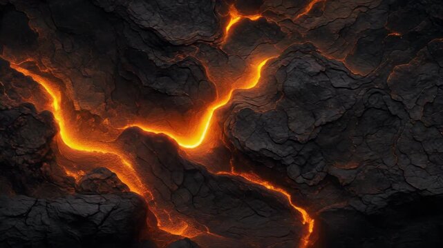 Close-up of dark volcanic lava with glowing orange cracks and texture