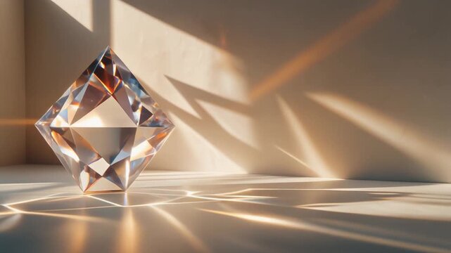 Warm sunlight passing through an intricate crystal sculpture projects evolving geometric caustic patterns across a smooth white architectural surface with elegant luxury optical realism.