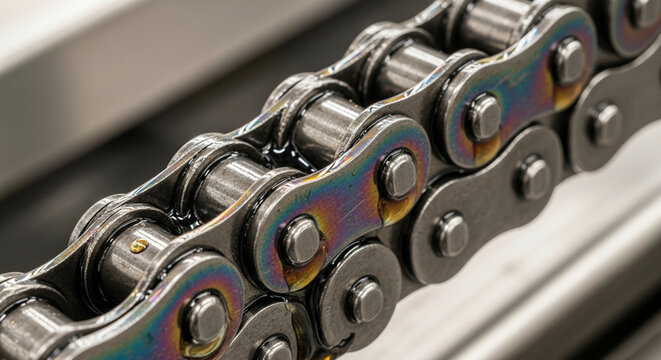 Close-up view of a metallic bicycle chain with rainbow oil slick colors, industrial background