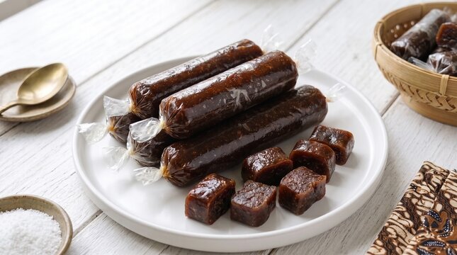 Traditional Indonesian sweet brown dodol rolls wrapped in clear plastic wrappers, served with sliced cubed pieces on a white plate with sugar and a batik napkin.