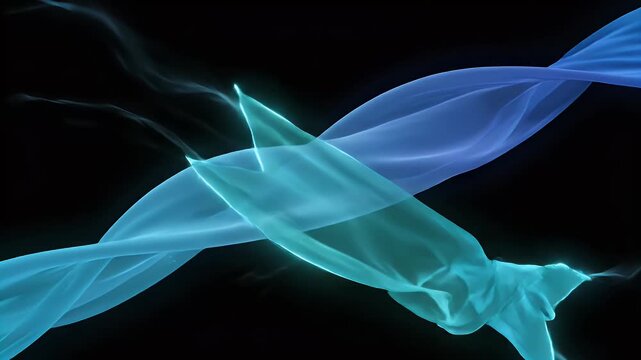 Two translucent ribbons of light blue and cyan flow and intertwine against a black background