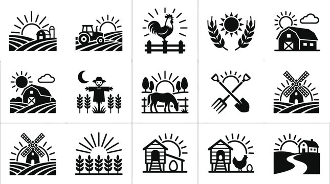 Black farm scene icons with rural landscape elements