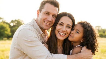 Fototapeta premium Happy Young Family Smiling and Hugging Outdoors in Sunny Park