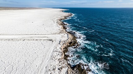 Fototapeta premium Coastal road meeting the ocean shoreline aerial view of cracked earth and blue water coastline
