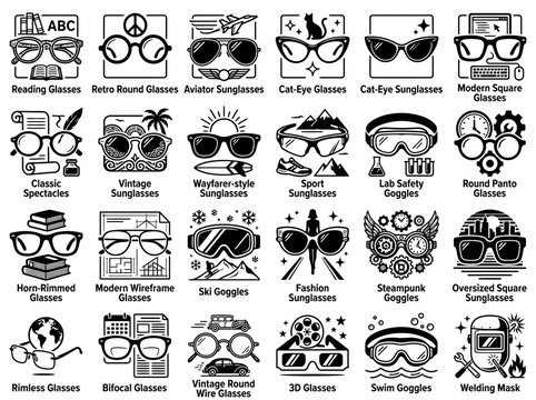 Diverse Eyewear Collection: Glasses, Sunglasses, Goggles - Icons & Styles