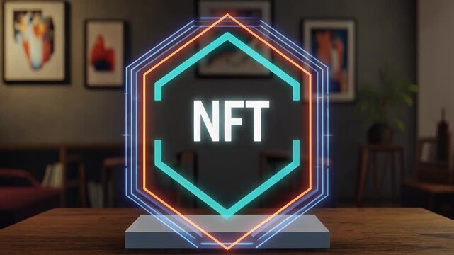 Holographic NFT Hexagon Display Glowing in Modern Office, Digital Asset and Blockchain Technology Concept