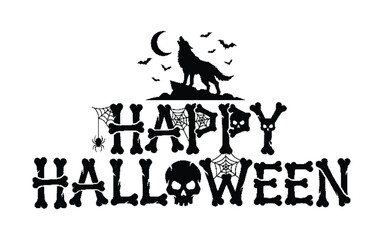 Fototapeta premium Happy halloween text with wolf, moon, bats, spider web and skull