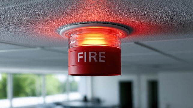 A bright red fire alarm strobe light flashes on a ceiling. This signifies an emergency evacuation signal for office.
