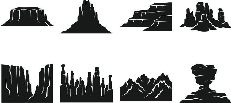 Set of black desert rock formation silhouettes, canyons, mountains, and cliffs for outdoor landscape and adventure design image_6da198.png