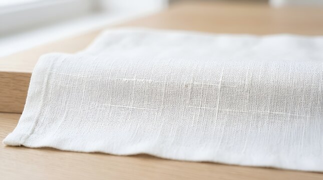 Soft White Linen Napkin with Textured Pattern on Wooden Table