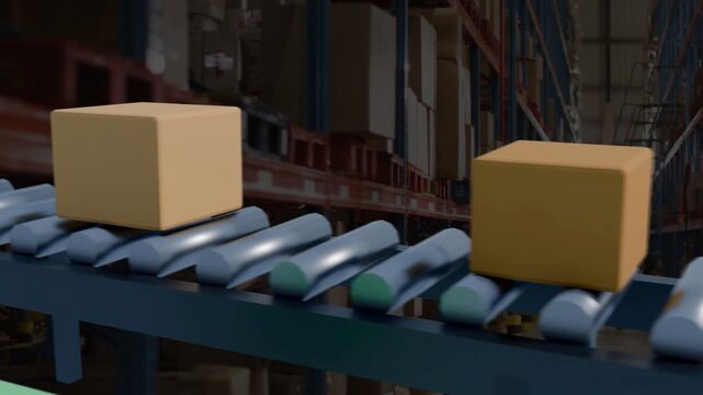 Medium box moving on rollers as orange actuator lowering, diverting box to white table for sorting
