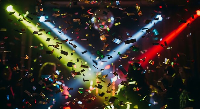 Colorful Confetti Falling Under Bright Stage Lights in Nightclub Party Scene