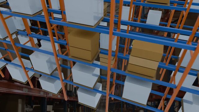 Camera moving down from tilt showing deep aisles, repeating racks and packages, worker walking